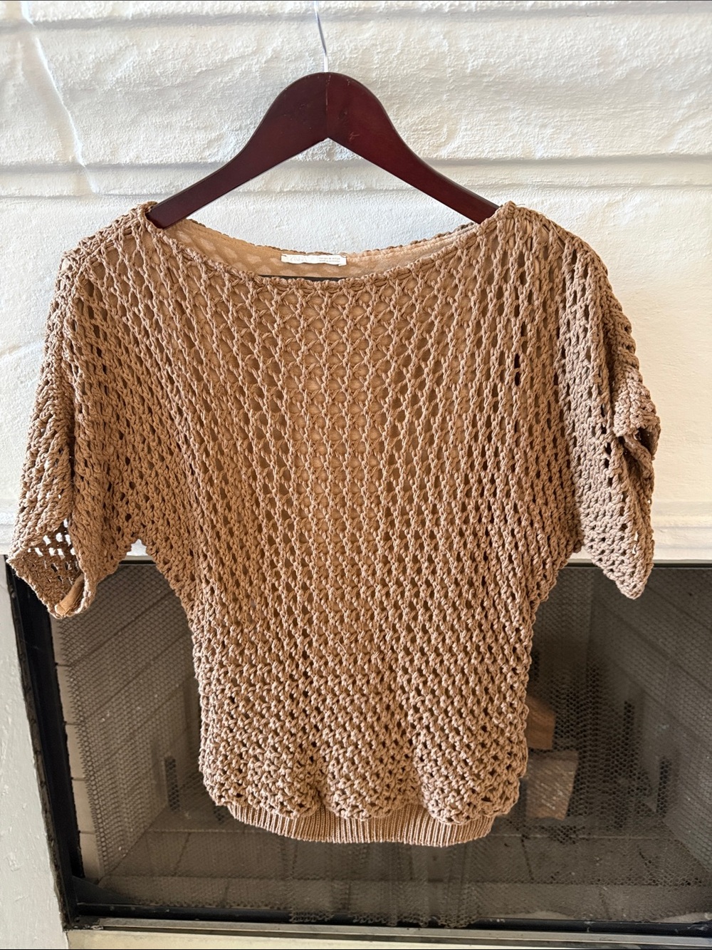 Zara Knit Short Sleeve Crochet Top in Camel